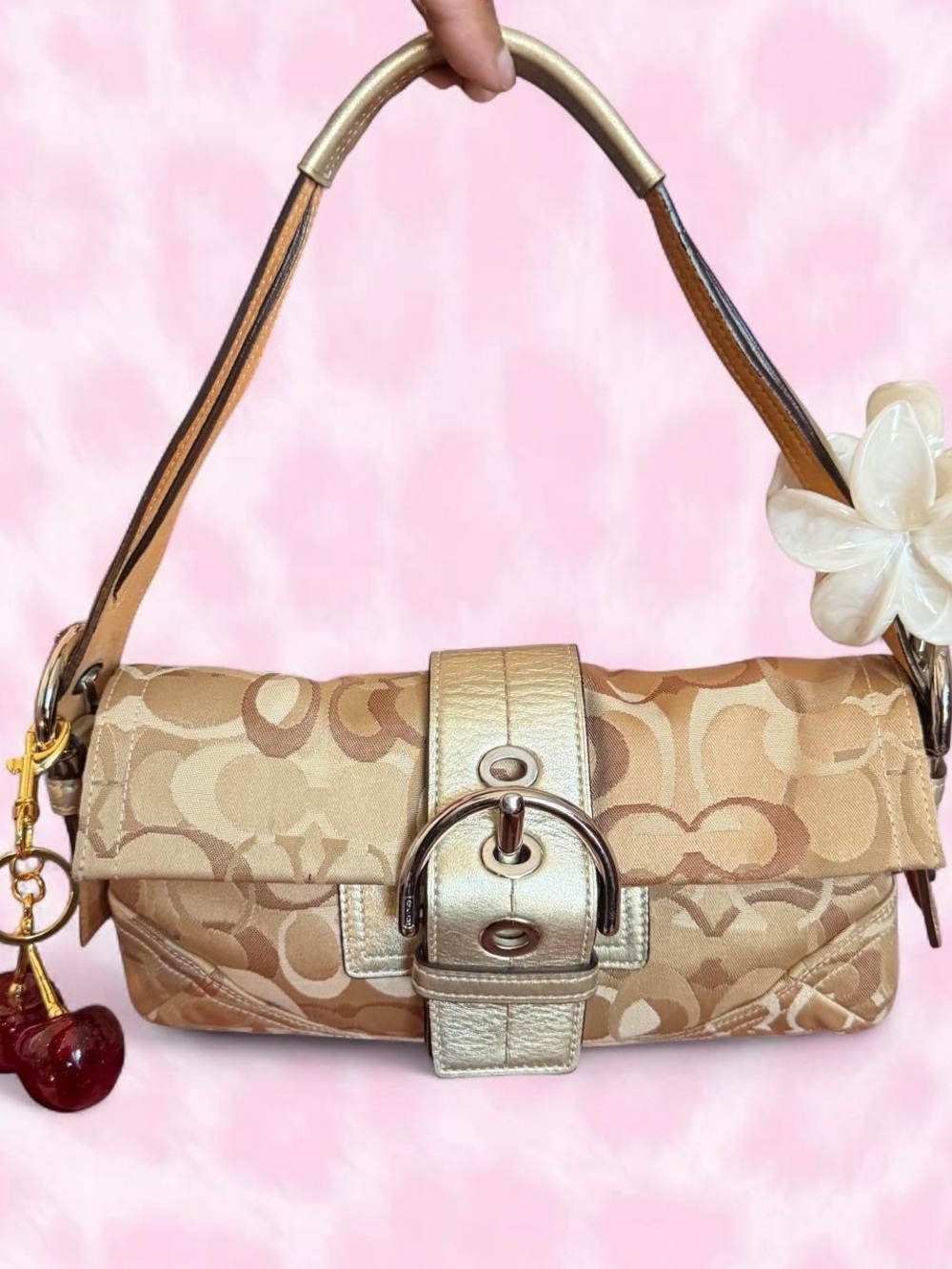 Coach Gold & Beige Signature Jacquard Shoulder Bag